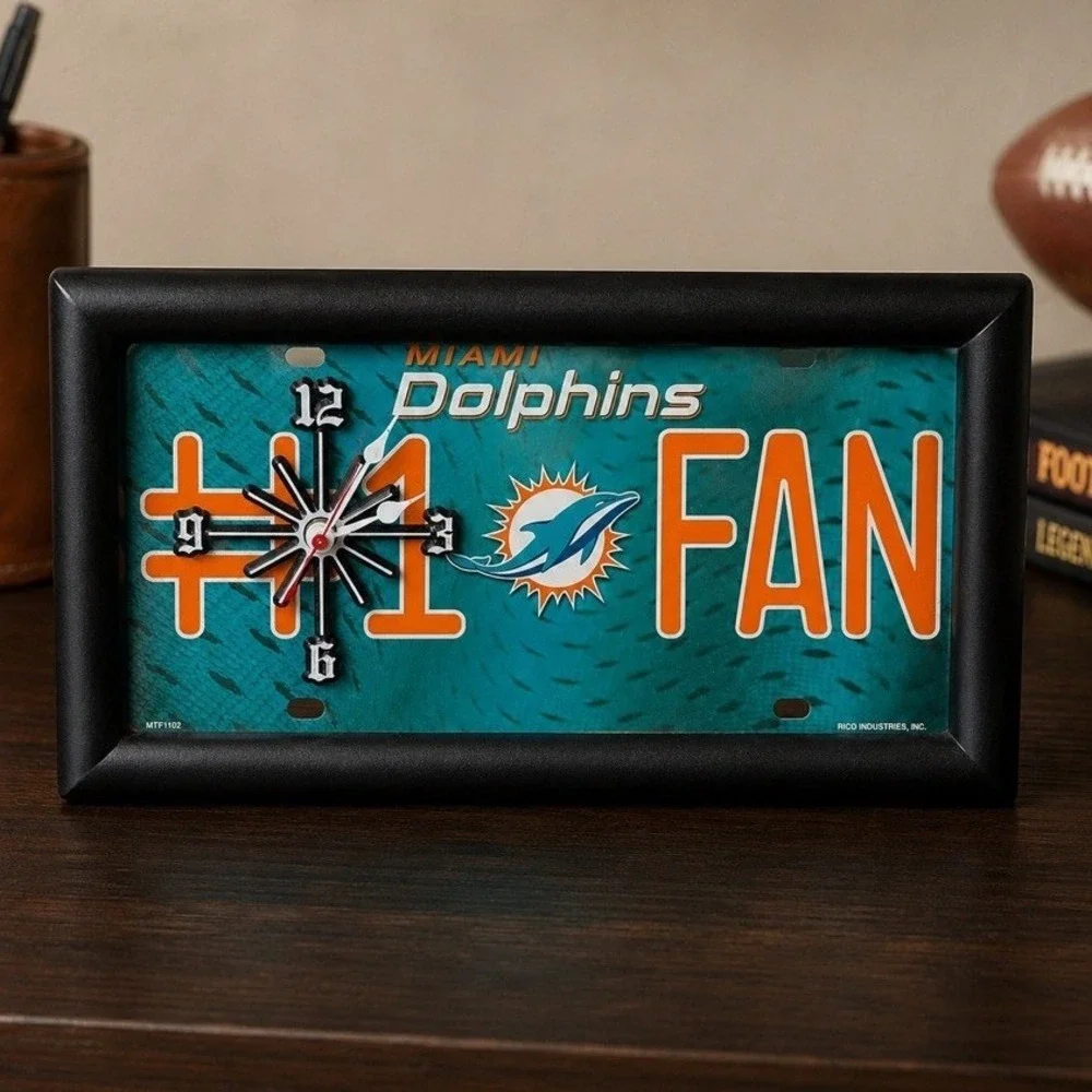 Miami Dolphins NFL License Plate Wall Clock Rico Industries MTF1102 Teal Orange